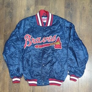 STARTER Blue and Red Braves Bomber Jacket